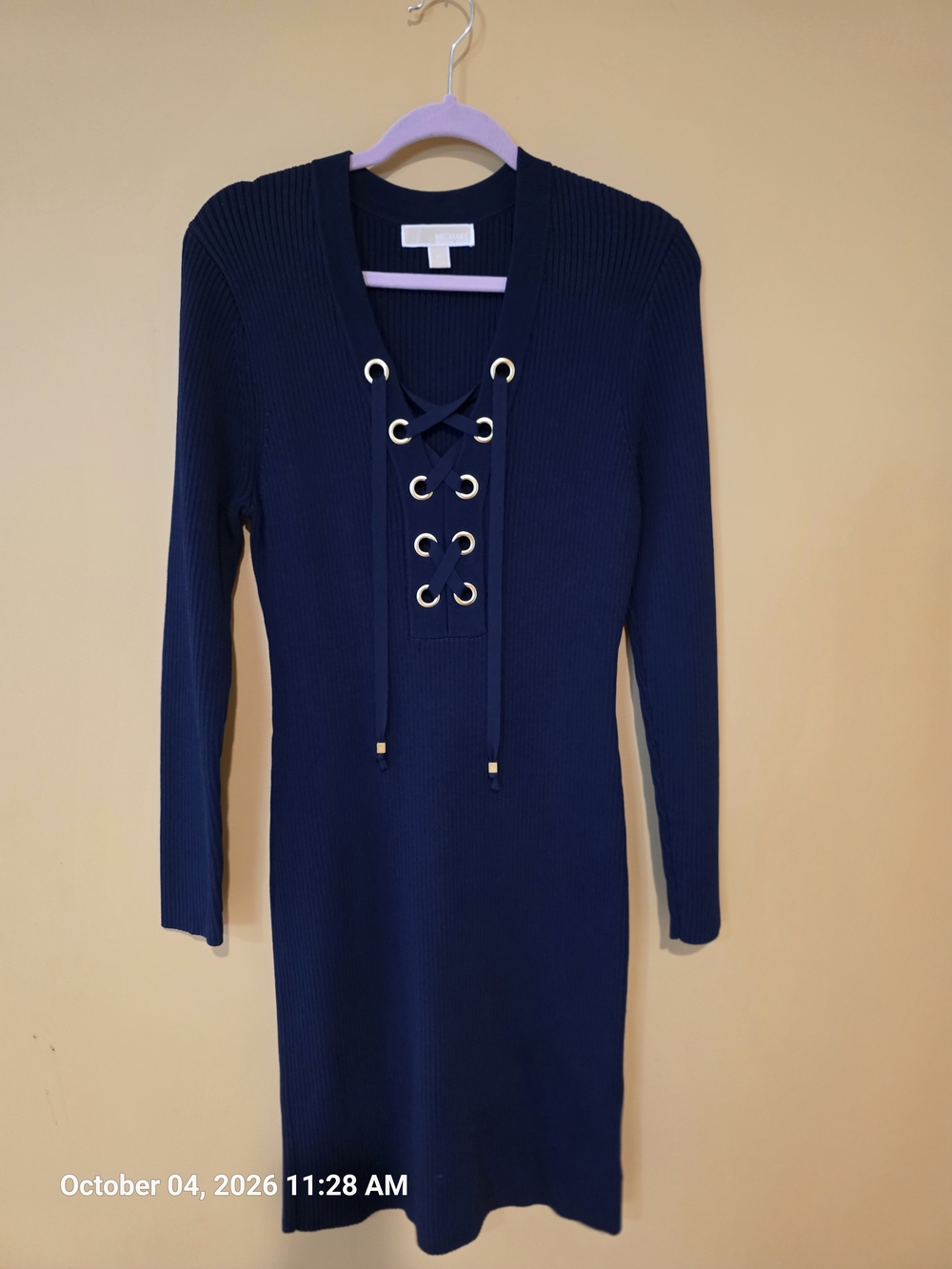 Like New MICHAEL Michael Kors Ribbed Stretch Knit Lace-Up Dress - Navy Blue